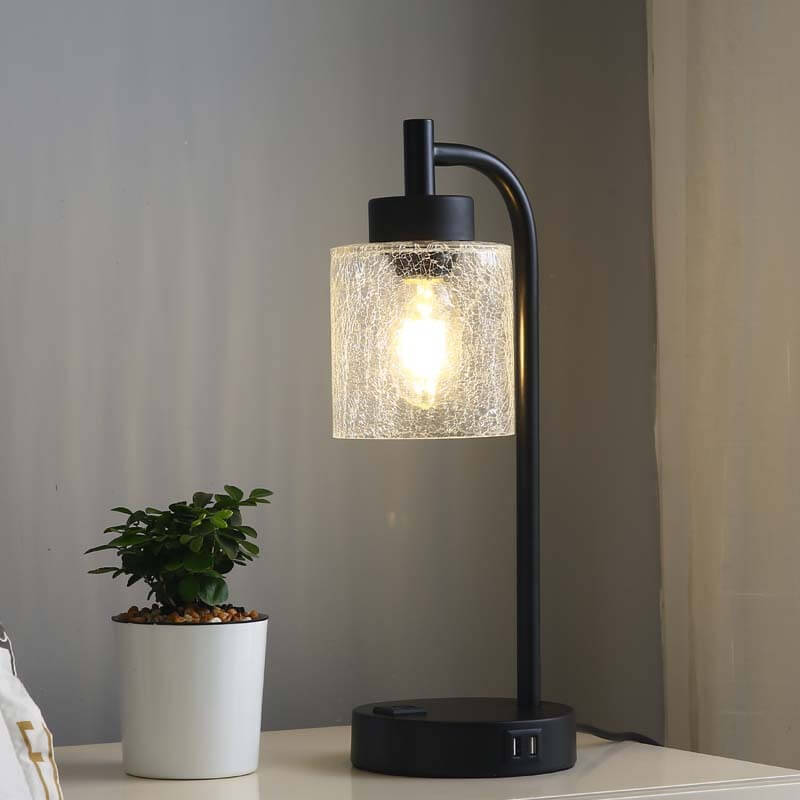 Modern Simple Iron Glass Cylinder Dual USB Touch Table Lamp