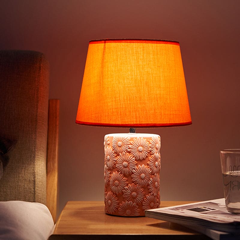 Orange Tapered Table Lamp with Carved Sunflower Base