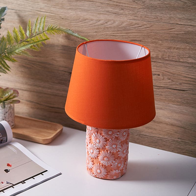 Orange Tapered Table Lamp with Carved Sunflower Base