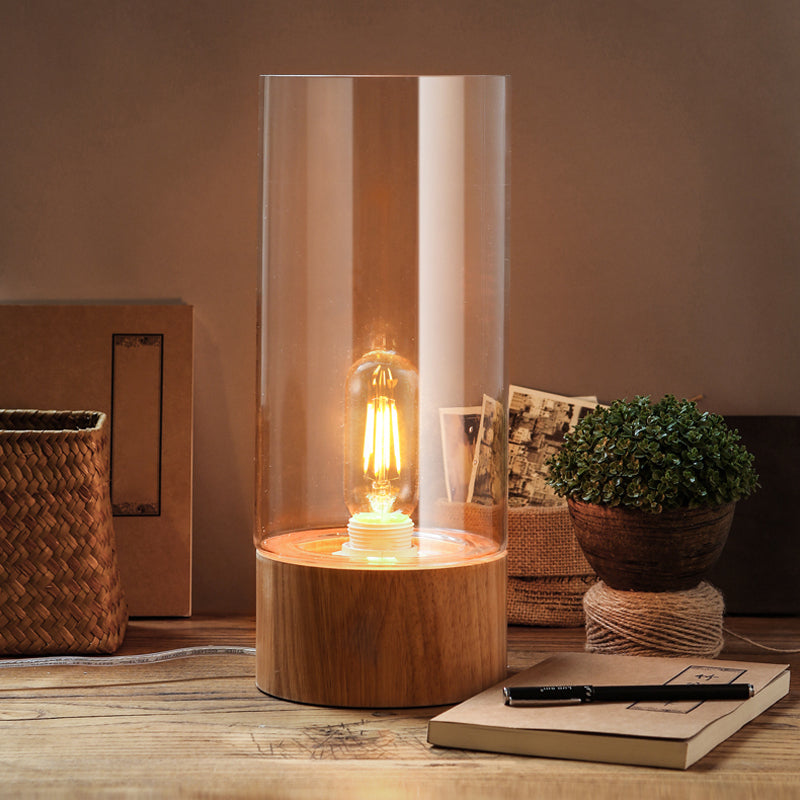 Stylish Cylinder Night Table Lamp with Wooden Base