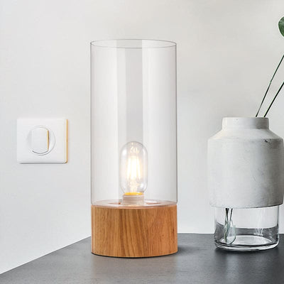 Stylish Cylinder Night Table Lamp with Wooden Base