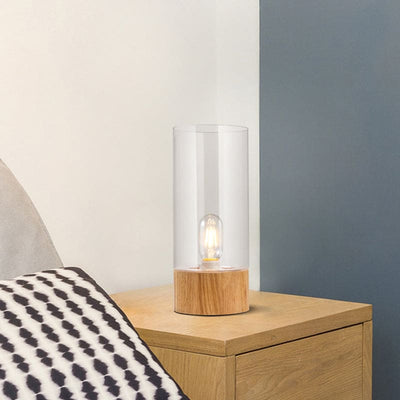 Stylish Cylinder Night Table Lamp with Wooden Base