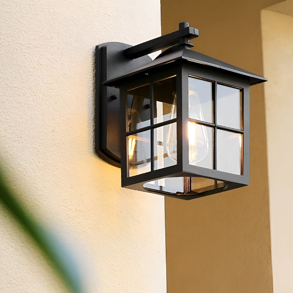 Modern Black Waterproof Wall Sconce with Antique Lantern Shaped Glass