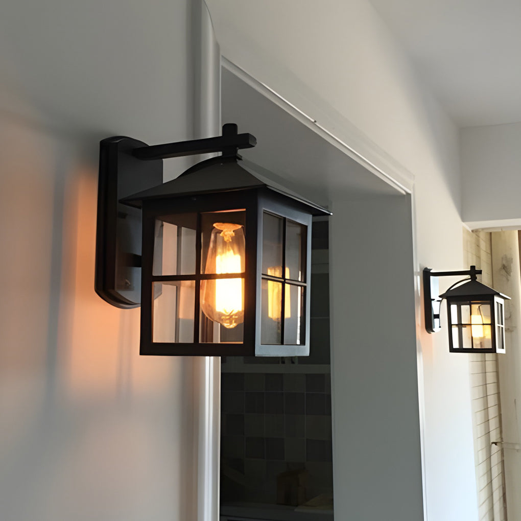 Modern Black Waterproof Wall Sconce with Antique Lantern Shaped Glass