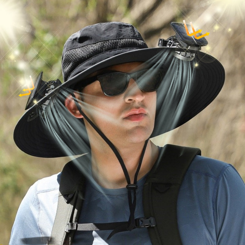 Solar fan hat with wide brim and cooling fans for outdoor use.
