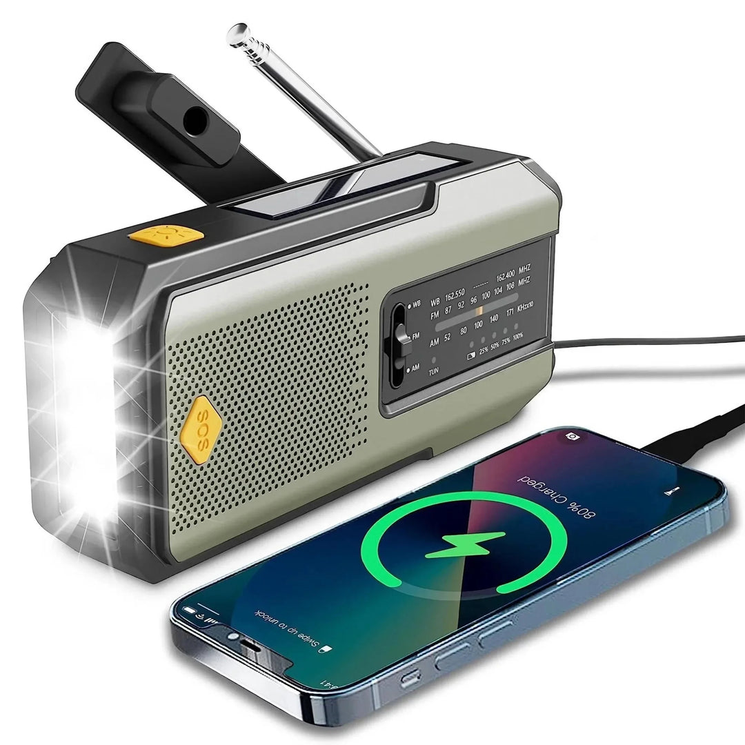 Emergency hand crank and solar weather radio with LED flashlight and built-in 2000mAh power bank