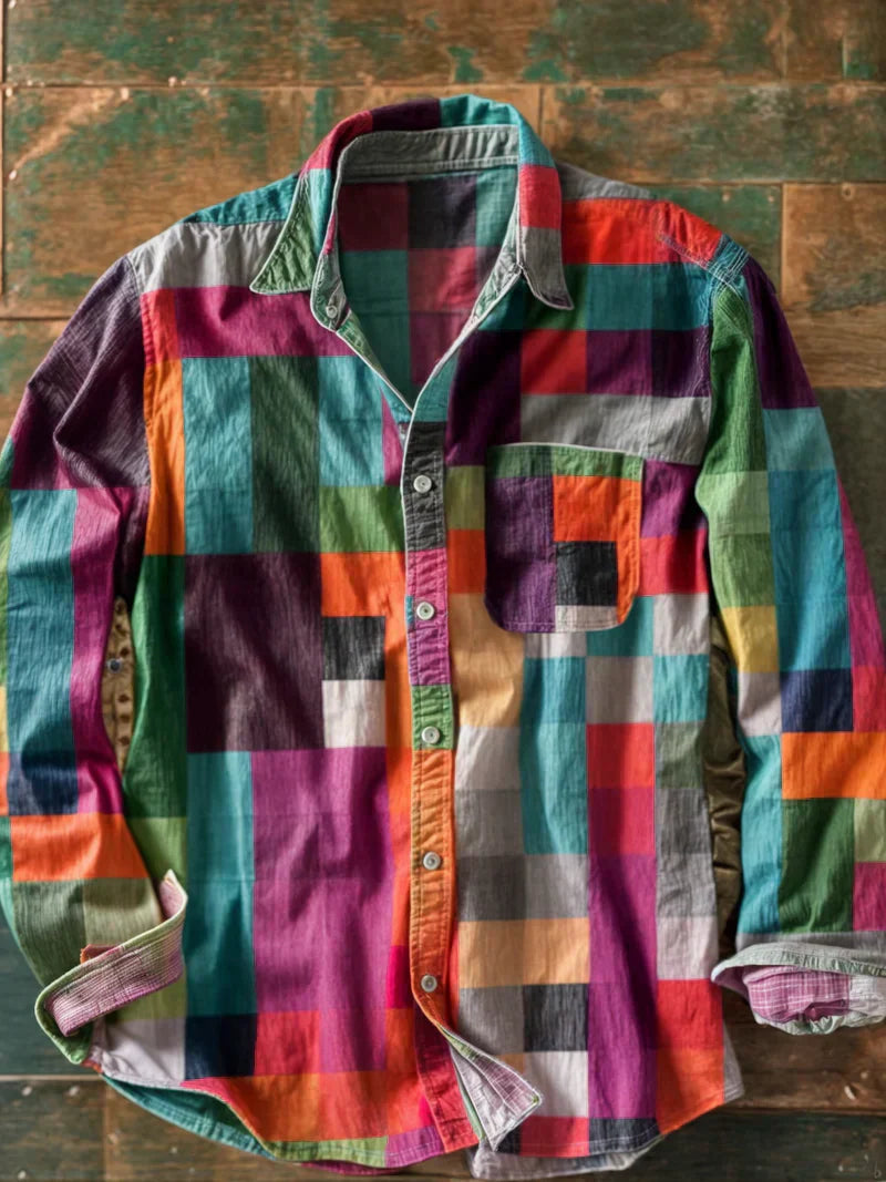 Men’s Casual Patchwork Long Sleeve Shirt