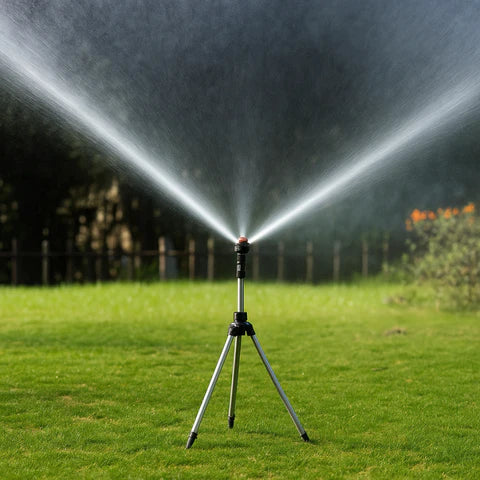 High-pressure tripod sprinkler with 360° rotation for garden and lawn irrigation