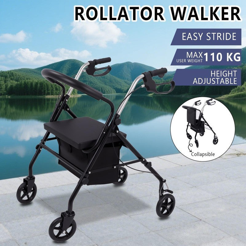 Folding Lightweight Rollator Walker with Seat and Brakes