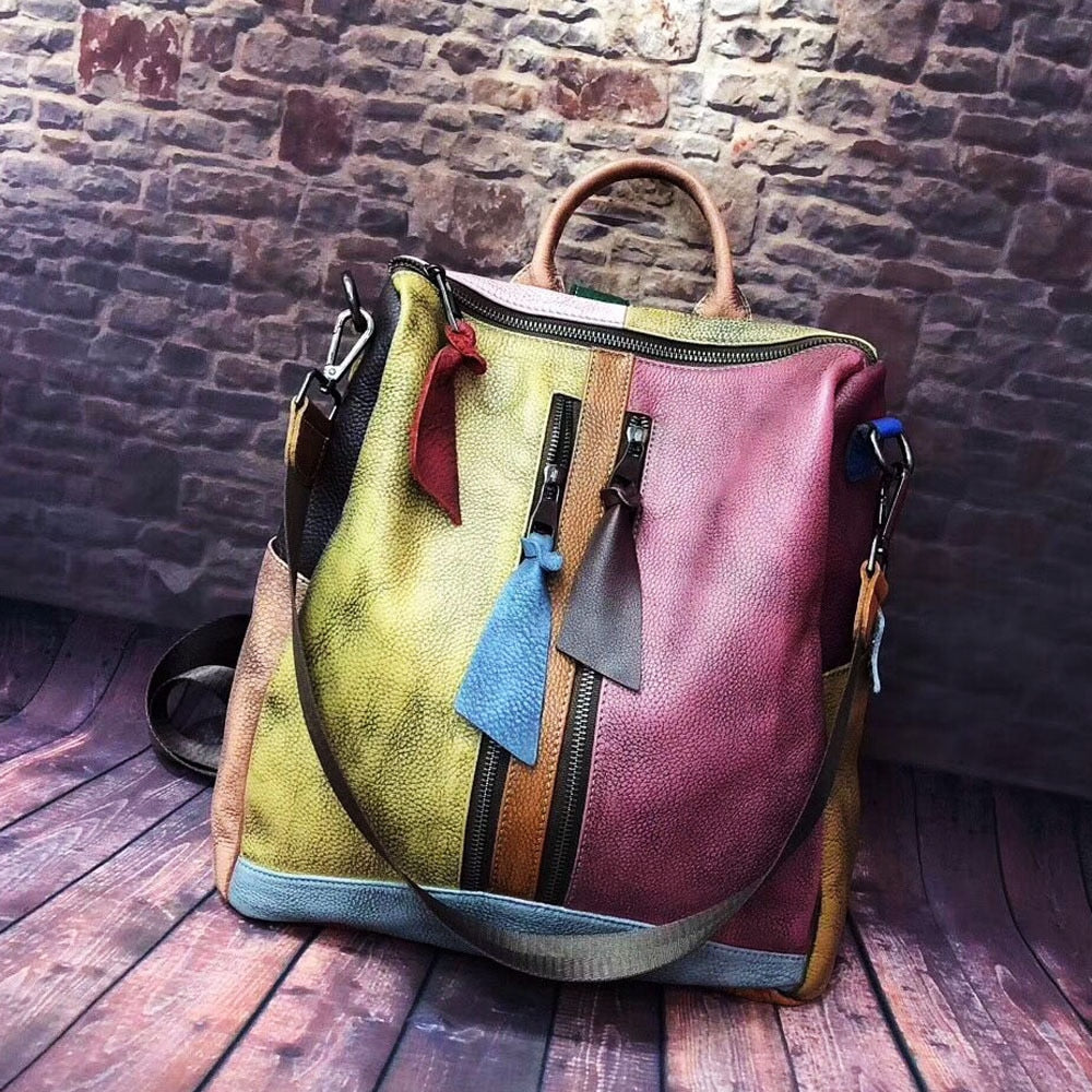 Multicolor Women Leather Zipper Backpack - Gitelle